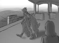 artist:lechatdemon back_view character:felkhr feather gnoll grey_background human landscape male monochrome mountain pallass side_view sky tail walking wall walled_city wing // 3000x2200 // 848.2KB // rating:Safe