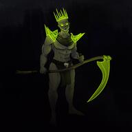 artifact artist:auspiciousoctopi bald barefoot black_background character:fetohep front_view glowing_eyes green_eyes green_skin holding_scythe male muscle nipple nipple_(male) scythe simple_background skull solo spoiler:volume8 standing topless undead // 4897x4901 // 880.7KB // rating:Safe