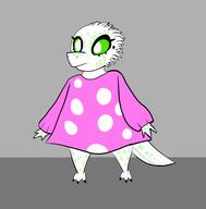 artist:saladan0 barefoot character:visma drake dress female front_view green_eyes green_scales grey_background pink_dress simple_background solo spoiler:volume7 standing tail white_scales // 3648x3704 // 801.9KB // rating:Safe