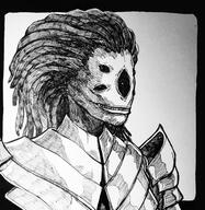 armor artist:dr_replig8r black_eyes character:gazi_pathseeker dreadlocks female half-gazer head_only looking_at_viewer looking_up monochrome seven sharp_teeth simple_background smile solo white_background // 3120x3203 // 3.9MB // rating:Safe