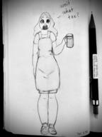 apron artist:auspiciousoctopi caption character:erin_solstice drink earther female human innkeeper long_hair looking_at_viewer meta:tagme monochrome open_mouth pencil shoes simple_background solo standing white_background // 3024x4032 // 6.8MB // rating:Safe