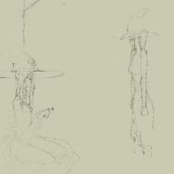 artist:anito character:belavierr character:wiskeria duo female glasses hat human long_hair looking_down monochrome robe side_view simple_background sitting standing thread white_background witch witch_hat yellow_eyes // 4000x4000 // 1.4MB // rating:Safe