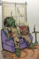 artist:brack bandages barefoot black_hair candle character:numbtongue closed_eyes couch fire food goblin indoors long_ears pants short_hair sitting soup // 2107x3182 // 2.7MB // rating:Safe