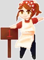 1_(number) apron artist:lire black_legwear brown_eyes brown_hair character:erin_solstice counter earther female front_view human innkeeper medium_hair pixelart sign simple_background smile solo spoiler:book1 standing transparent_background // 80x109 // 7.7KB // rating:Safe
