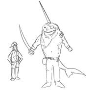 artist:mg drowned_folk eyepatch hat height_comparison holding_sword meta:tagme monochrome open_mouth pants shoes simple_background standing sword white_background // 3300x3300 // 1.1MB // rating:Safe
