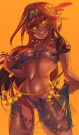 artist:mipmip belt brown_hair character:nsiia_oliphant dark_skin empress feather female front_view genitalia genitalia_(female) headband human jewelry long_hair navel necklace nipple_(female) nobility orange_background orange_eyes red_feather scar simple_background skirt smile solo spoiler:volume8 standing // 2048x3469 // 1.6MB // rating:Explicit