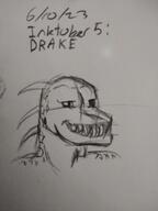 artist:justaguywithabeanie caption character:oc drake front_view head_only male meta:inntober meta:inntober_2023 monochrome pencil_art prompt5 prompt_drake sharp_teeth simple_background smile solo text white_background // 3120x4160 // 496KB // rating:Safe