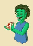 artist:gridcube bare_shoulders blue_chestwear character:snapjaw cheese female food goblin green_hair green_skin hobgoblin medium_hair open_mouth pizza red_eyes sharp_teeth simple_background solo spoiler:volume4 tomato top upper_body yellow_background // 1156x1612 // 732.3KB // rating:Safe