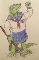 arm_raised artist:brack character:relc_grasstongue cosplay drake fist green_scales holding_spear looking_at_viewer male meta:crossover sailor_uniform sharp_nails sharp_teeth simple_background skirt solo spear tail yellow_eyes // 1966x2987 // 1.6MB // rating:Safe