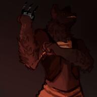 arm_raised artist:lire bandages brown_background brown_chestwear brown_eyes brown_fur brown_legwear character:bearclaw female front_view gnoll looking_at_viewer looking_down meta:tagobj sharp_nails sharp_teeth smile solo standing vest // 1024x1024 // 406.3KB // rating:Safe