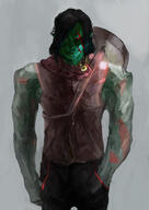 artist:mencret bare_shoulders black_hair black_legwear brown_chestwear character:numbtongue front_view goblin green_skin grey_background guitar instrument long_ears looking_at_viewer male medium_hair muscle musician pants red_eyes red_paint redfang_five redfang_tribe simple_background smile solo spoiler:volume5 standing // 900x1273 // 221.6KB // rating:Safe