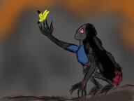 artist:tomeo black_hair character:florist crouching female flower frown human long_hair looking_up red_eyes sharp_nails sharp_teeth side_view solo spoiler:volume3 // 2048x1536 // 2.9MB // rating:Safe