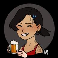 artist:achu bare_shoulders black_hair brown_background character:ryoka_griffin classless closed_eyes copyright:picrew copyright:picrew_137904 disembodied_hand drink earring earther female front_view glass jewelry medium_hair monochrome ponytail red_chestwear smile solo spoiler:book1 sweat_drop tattoo toned_skin top transparent_background upper_body // 600x600 // 126.2KB // rating:Safe