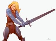 artist:pkay belt blonde_hair brown_legwear byres character:yvlon_byres female front_view holding_sword human lady long_hair nobility pants simple_background solo standing sword warrior white_background // 1000x722 // 373.8KB // rating:Safe
