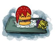 artist:johndoe burger character:pirateaba closed_eyes food fries front_view head_only meat medium_hair onion paper patty red_hair salad solo tomato tray white_background // 1262x995 // 455.3KB // rating:Safe