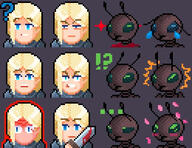 adventurer antinium armor artist:zelanters aura blonde_hair blood blue_eyes blush bright_skin byres character:ksmvr character:yvlon_byres duo exclamation_mark free_antinium front_view frown green_eyes grey_background grey_chestwear holding_sword human lady long_hair petal pixelart question_mark simple_background sparkle spoiler:book1 sword tear upper_body warrior // 390x300 // 166.0KB // rating:Safe