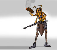animal arm_raised artist:mg ashfire_bee bee black_footwear boots brown_legwear character:apista cigar female front_view grey_background gun holding_gun holding_riffle insect meta:crossover modern pistol riffle simple_background smoke smoking solo standing white_background // 2550x2216 // 1.0MB // rating:Safe