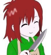 apron arm_raised artist:drakage character:erin_solstice closed_eyes earther female front_view holding_knife human innkeeper knife medium_hair red_hair simple_background smile solo upper_body white_background // 1340x1465 // 896.0KB // rating:Safe