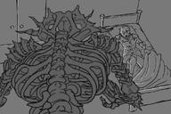artist:lechatdemon bed behemoth bone character:pisces_jealnet human looking_up lying mage male monochrome necromancer open_mouth undead // 1095x730 // 75.0KB // rating:Safe