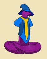 arm_behind_back artist:gridcube blue_headwear blue_robe bottomless front_view hat lizardfolk looking_at_viewer mage naga purple_scales red_eyes robe solo standing tongue_out yellow_background // 1271x1610 // 468.8KB // rating:Safe