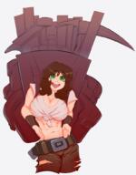 anvil artist:pkay backpack belt brown_hair brown_legwear character:garia_strongheart female front_view green_eyes hammer hoe human martial_artist medium_hair monochrome muscle navel open_mouth pants pickaxe plank scythe simple_background smile solo white_background // 779x1000 // 473.0KB // rating:Safe