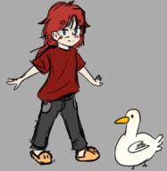 animal artist:asm-art bird bird_(animal) black_eyes black_legwear blue_eyes blush bright_skin character:pirate character:pirateaba duck duo front_view grey_background jeans long_hair looking_at_viewer red_chestwear red_hair shirt side_view simple_background slippers smile twi_community white_feather yellow_footwear // 651x669 // 165.4KB // rating:Unrated