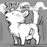 artist:artsy_nada artsy_nada's_christmas_calendar bag character:mrsha closed_eyes female gnoll grey_background inside monochrome nude on_all_fours open_mouth scent sfx side_view solo spoiler:volume8 tail text // 400x400 // 39.6KB // rating:Safe
