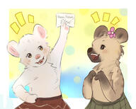 arm_raised artist:butts brown_eyes brown_fur character:elora character:mrsha child duo female flower gnoll green_legwear note open_mouth plant red_legwear sharp_teeth simple_background skirt smile spoiler:volume8 standing text topless twi_community white_background white_fur yellow_background // 2304x1843 // 1.3MB // rating:Safe