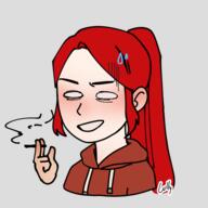 artist:richi bright_skin character:pirateaba cigarette copyright:picrew copyright:picrew_137904 disembodied_hand front_view long_hair no_pupils ponytail red_chestwear red_hair simple_background smile smoke smoking solo sweat_drop sweatshirt transparent_background // 600x600 // 112.1KB // rating:Safe