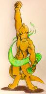 alchemist arm_raised artist:brack character:saliss_oliwing drake front_view male muscle nude potion simple_background smoke solo standing tail yellow_scales // 637x1286 // 518.4KB // rating:Safe