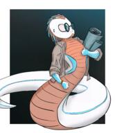 architect artist:auspiciousoctopi blue_background blue_eyes blue_scales bottomless character:hexel_quithail earring glasses jacket jewelry lamia lizardfolk male paper red_scales ring side_view solo white_scales // 3508x4067 // 6.8MB // rating:Safe