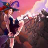 artist:uni barefoot black_dress black_headwear blue_eyes bow bright_skin broom bubble chain character:erin_solstice dress earth earther feather female hat holding_broom human innkeeper looking_up meta:tagobj mountain outside purple_feather red_hair rock side_view sky snow solo spoiler:volume8 sun tattoo twig witch witch_hat // 1000x1000 // 1.4MB // rating:Safe