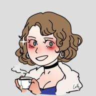 artist:richi blue_chestwear blue_eyes bright_skin brown_hair character:magnolia_reinhart choker copyright:picrew copyright:picrew_137904 cup disembodied_hand earring female food front_view human jewelry lady looking_at_viewer make-up medium_hair nobility reinhart simple_background smile solo sparkle spoiler:book1 steam tea transparent_background // 600x600 // 139.3KB // rating:Safe