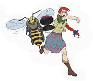 animal arm_raised artist:lechatdemon ashfire_bee attack bee black_eyes blue_eyes boots brown_footwear character:apista character:lyonette_du_marquin copyright:pokémon duo female flying front_view hair_ribbon hairband human insect long_hair meta:crossover nude pokéball purple_legwear red_hair shirt simple_background skirt stinger throwing white_background wing yellow_chestwear // 959x833 // 56.2KB // rating:Safe